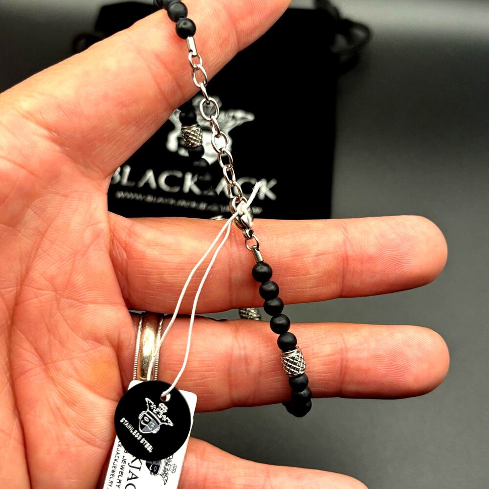 Blackjack BJS37BON Mens Genuine Onyx Stainless Steel Beaded Bracelet NIBWT - Picture 10 of 17
